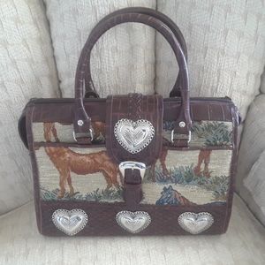 Western Horse Tapestry and Brown Leather w/Silver Hearts Purse